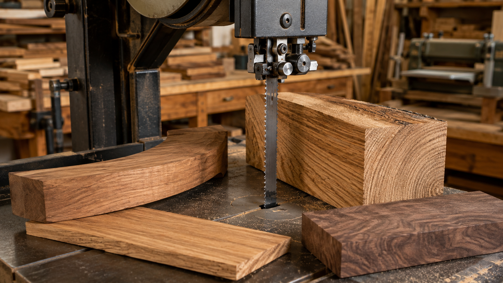 Bandsaw cutting hardwood in a woodworking workshop