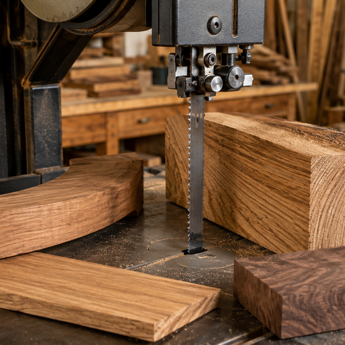 Bandsaw cutting hardwood in a woodworking workshop