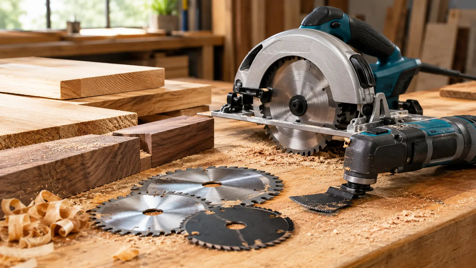Power tools for cutting wood with multi-tool blades for timber, MDF and metal applications
