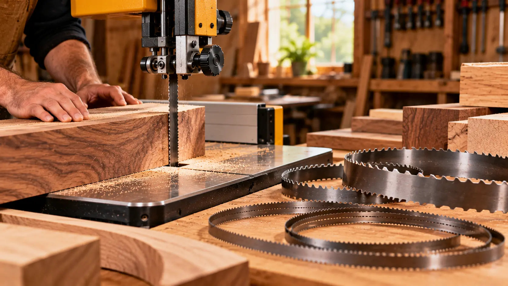 DeWalt bandsaw blade cutting hardwood timber in a woodworking workshop