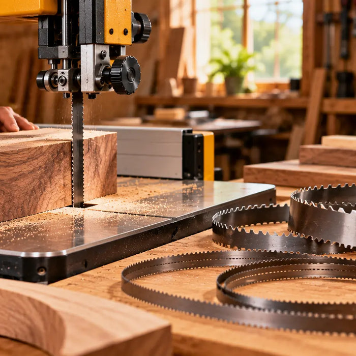 DeWalt bandsaw blade cutting hardwood timber in a woodworking workshop