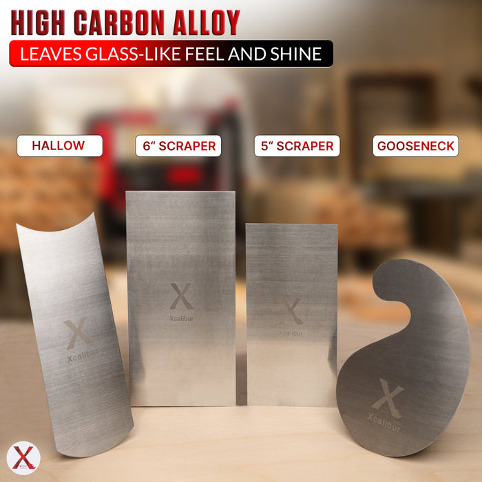 Cabinet Scraper Set – 4 Spring Steel Card Scrapers for Wood (6" / 5" / Gooseneck / Curved) – Xcalibur Tooling