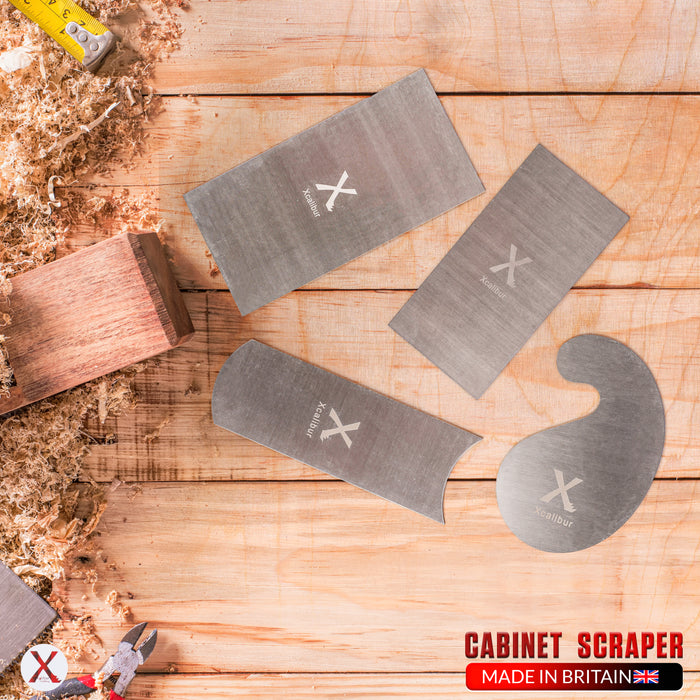 Cabinet Scraper Set – 4 Spring Steel Card Scrapers for Wood (6" / 5" / Gooseneck / Curved) – Xcalibur Tooling